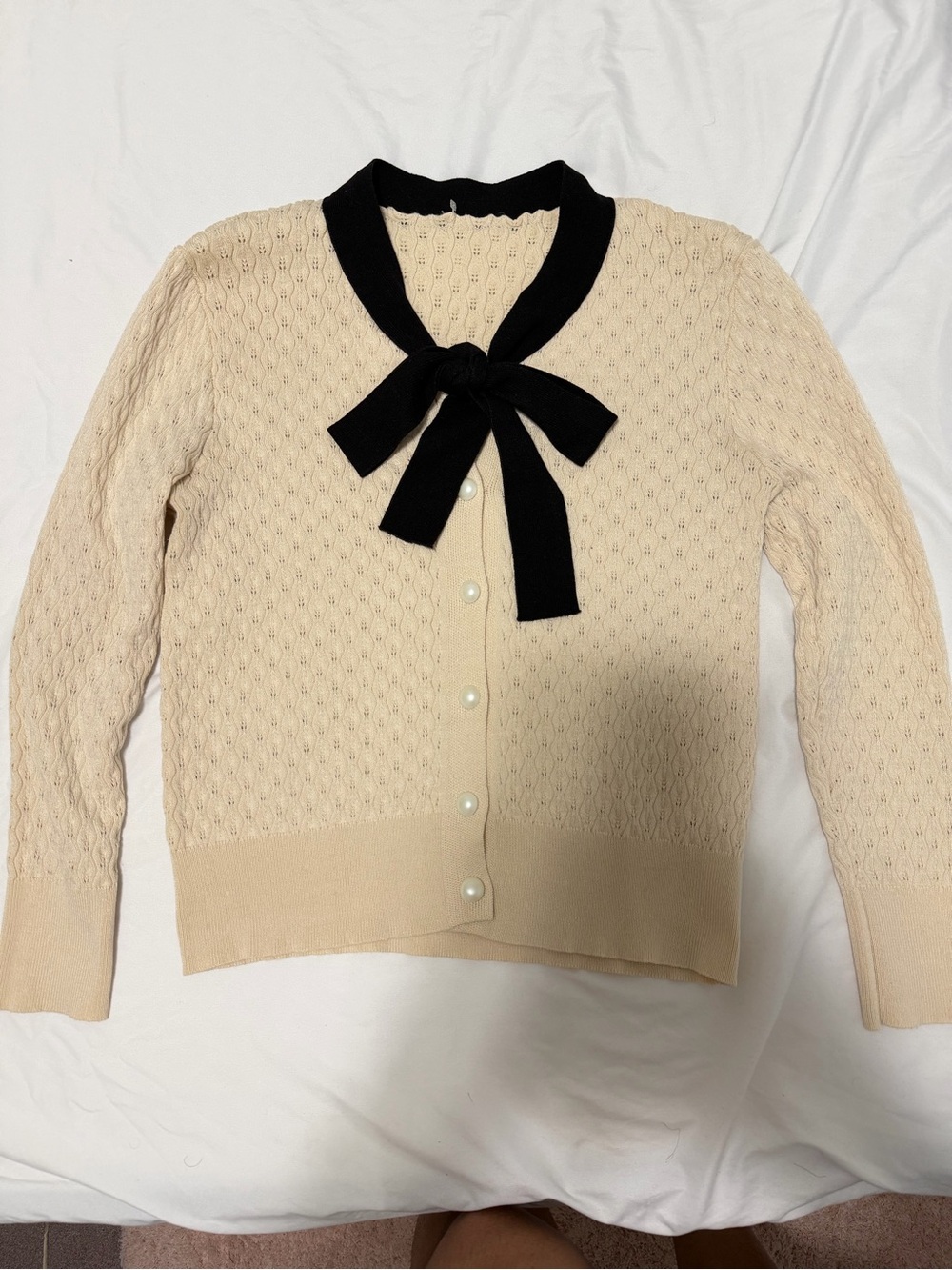 Cream Knit Cardigan with Black Bow Neck Tie